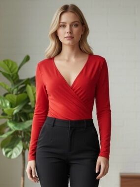 Bobi Los Angeles Red Wrap V-Neck Wrap Long Sleeve Bodysuit Size M NWT